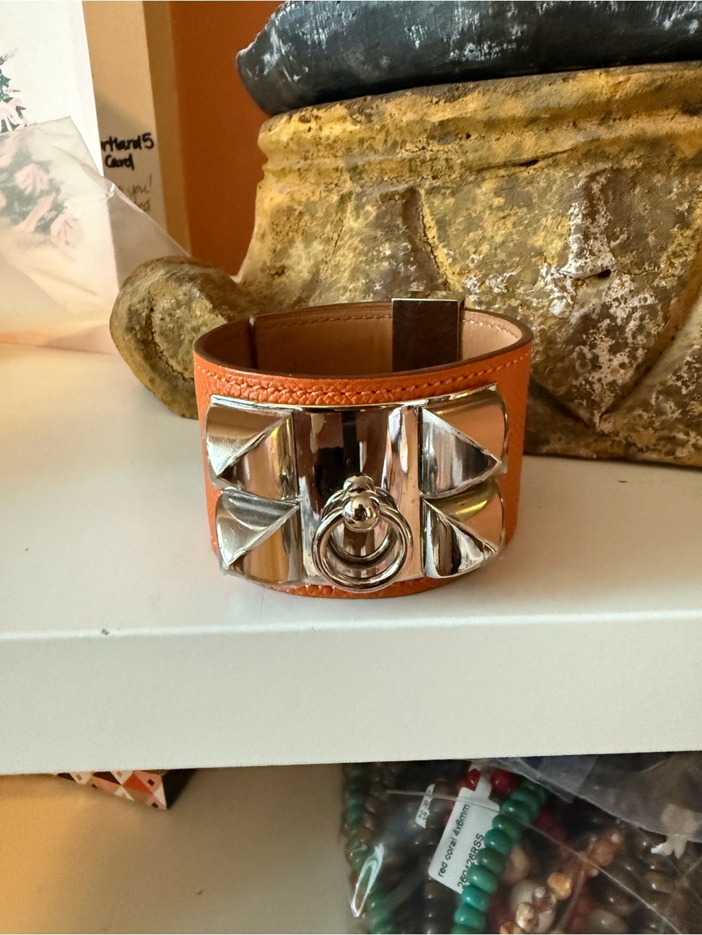 Hermes Orange Leather Cuff Bracelet with Silver Hardware